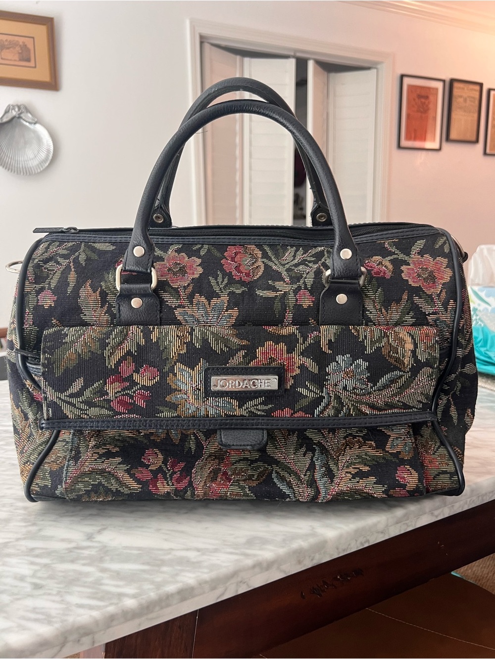Vintage Jordache Black Floral Tapestry Weekender Bag